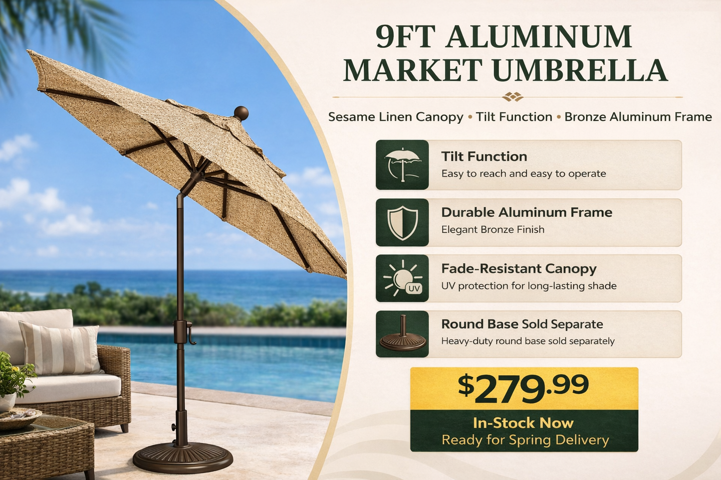 Treasure Garden 9ft. Aluminum Pole Button Tilt Umbrella