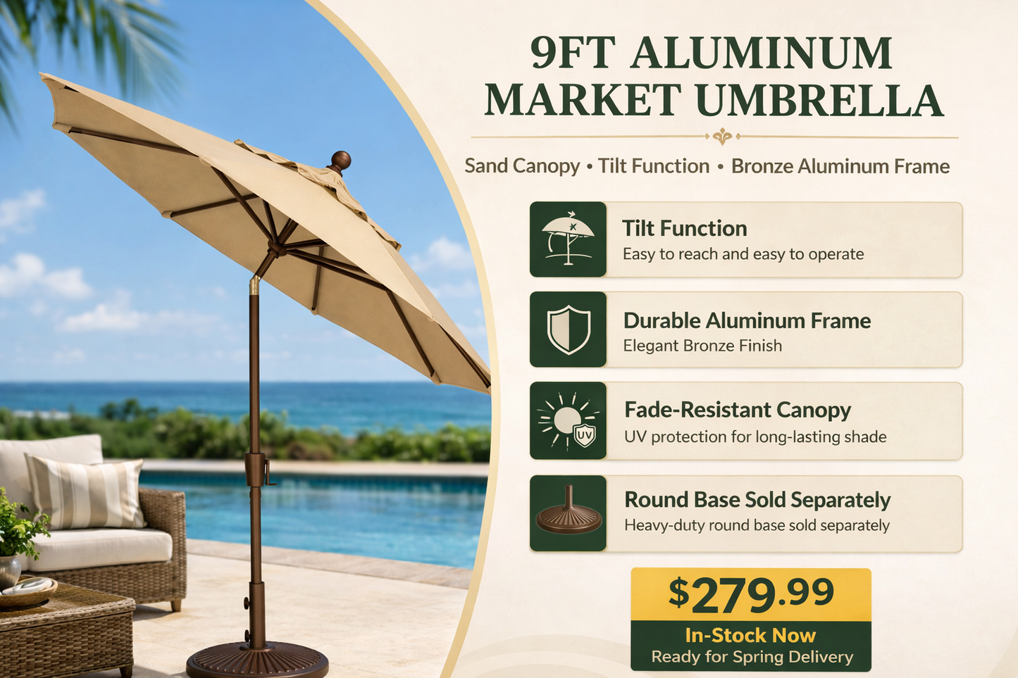 Treasure Garden 9ft. Aluminum Pole Button Tilt Umbrella