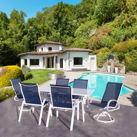 POOLSIDE WHITE FRAME WITH NAVY SLING DINING SET