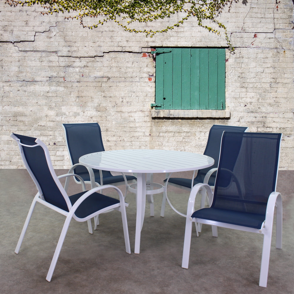 POOLSIDE WHITE FRAME WITH NAVY SLING DINING SET