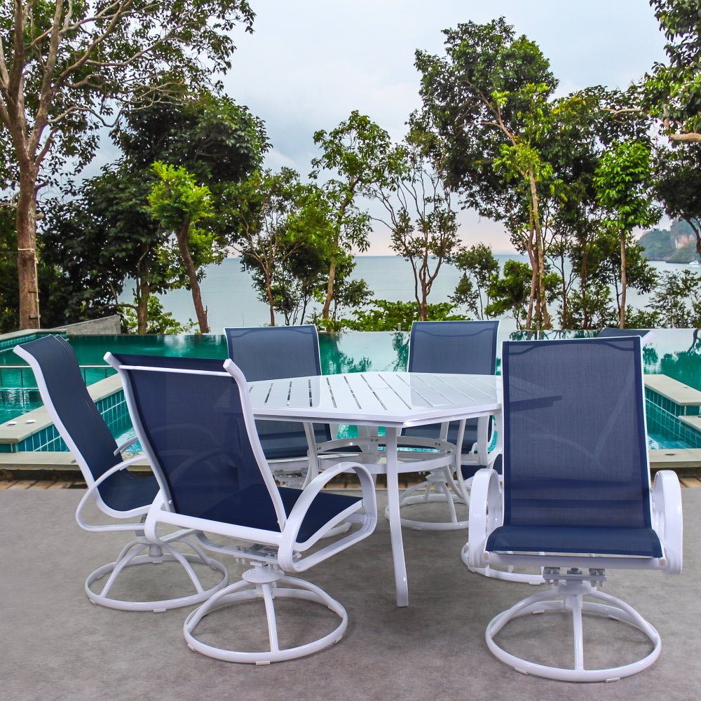 POOLSIDE WHITE FRAME WITH NAVY SLING DINING SET