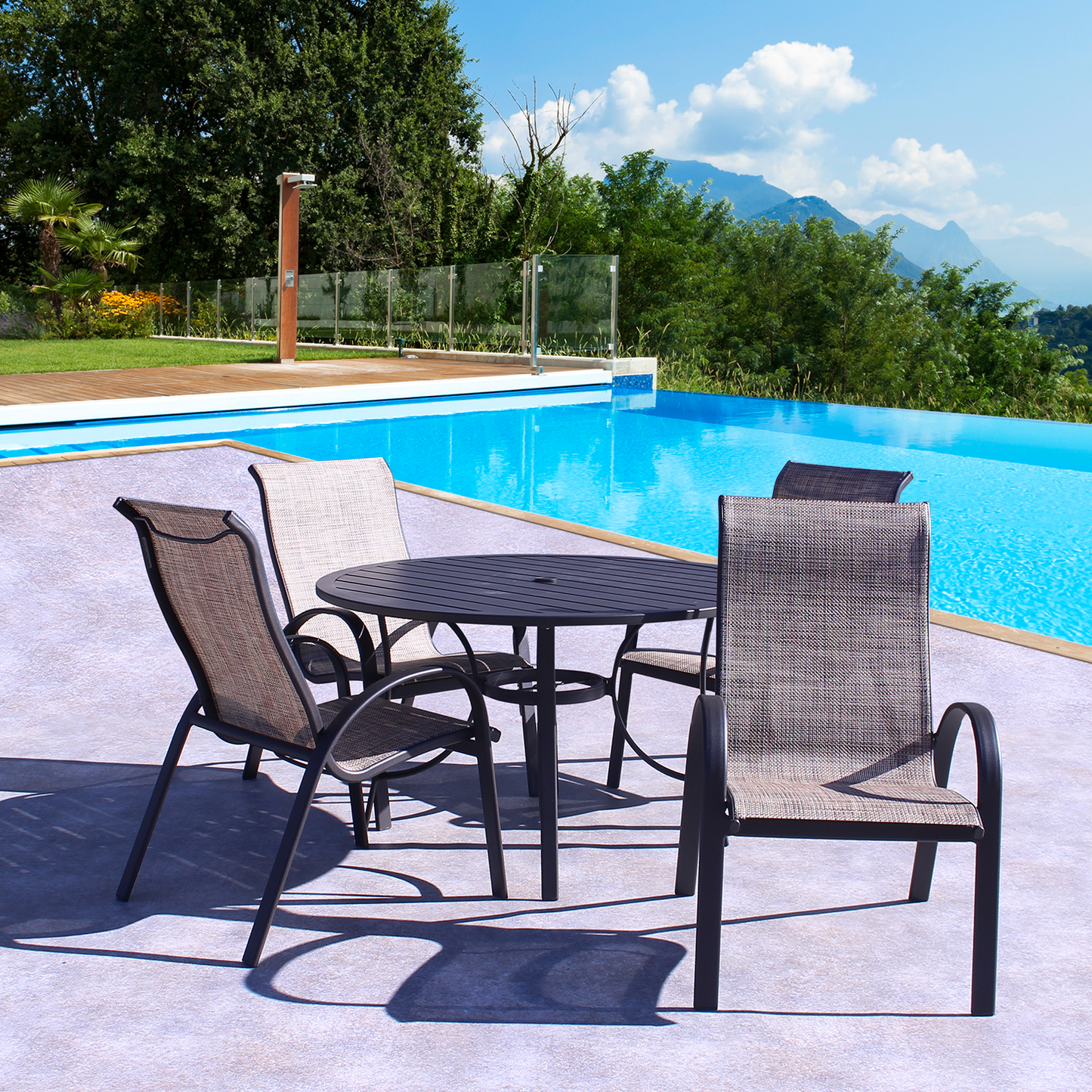 POOLSIDE JAVA FRAME WITH MIXED BROWN SLING DINING SET