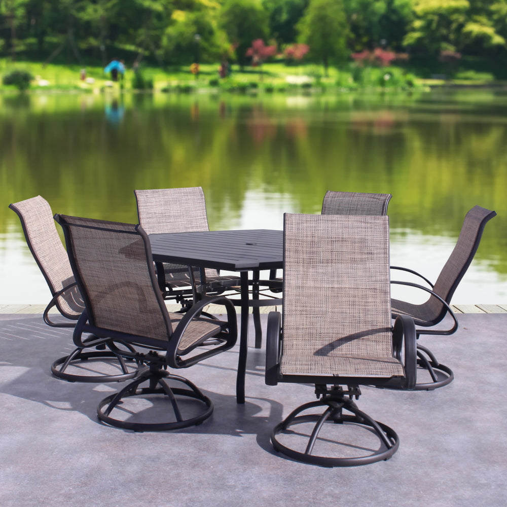 POOLSIDE JAVA FRAME WITH MIXED BROWN SLING DINING SET