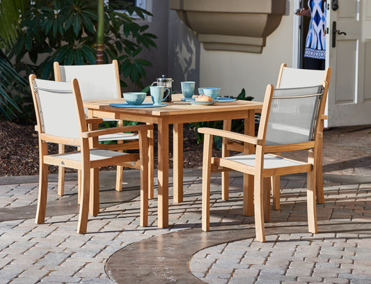 TEAK DINING SET WITH PEARL DINING ARM CHAIRS