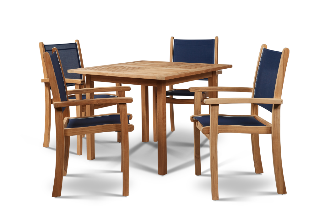 TEAK DINING SET WITH PEARL DINING ARM CHAIRS