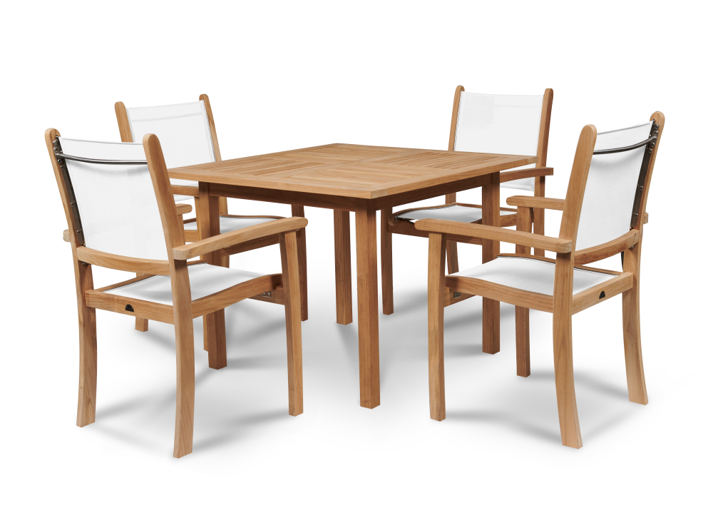 TEAK DINING SET WITH PEARL DINING ARM CHAIRS