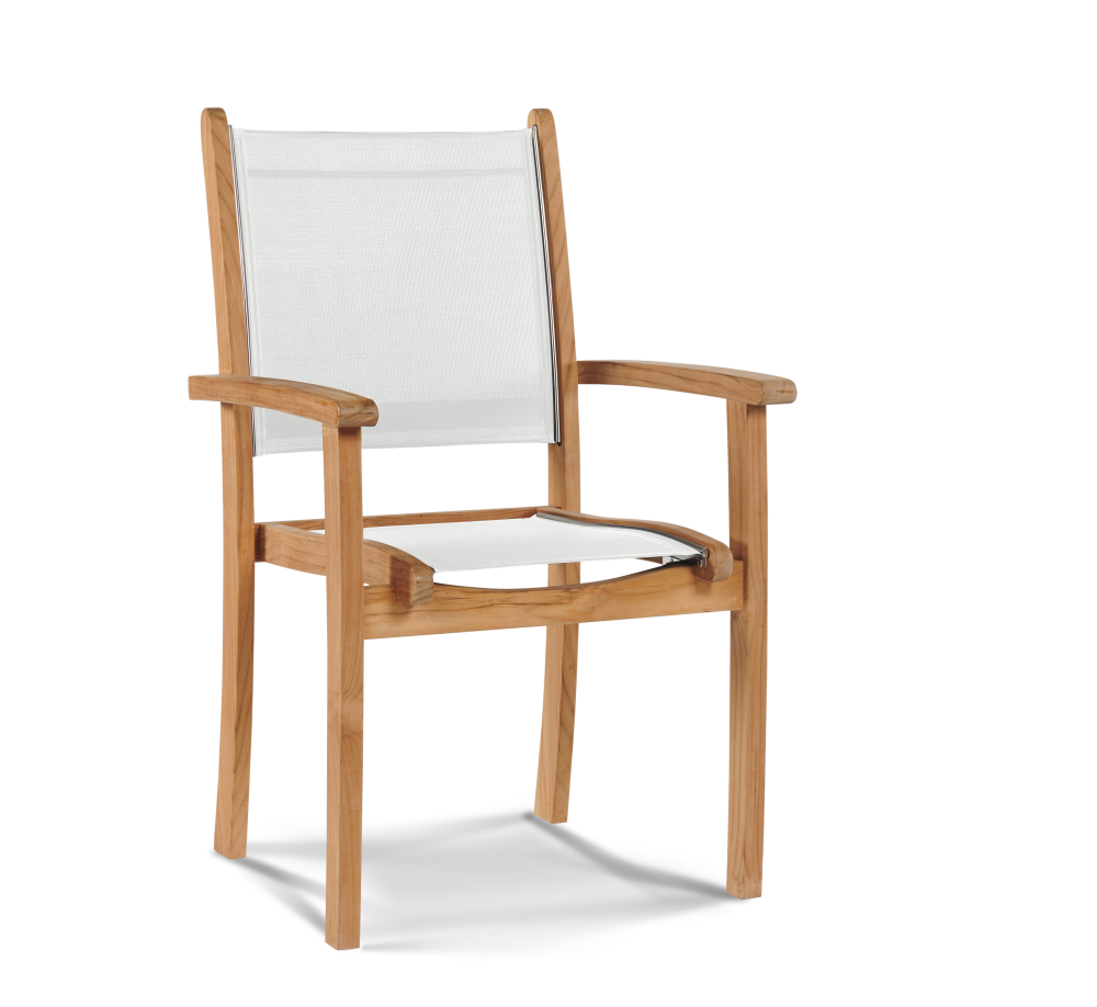 TEAK DINING SET WITH PEARL DINING ARM CHAIRS