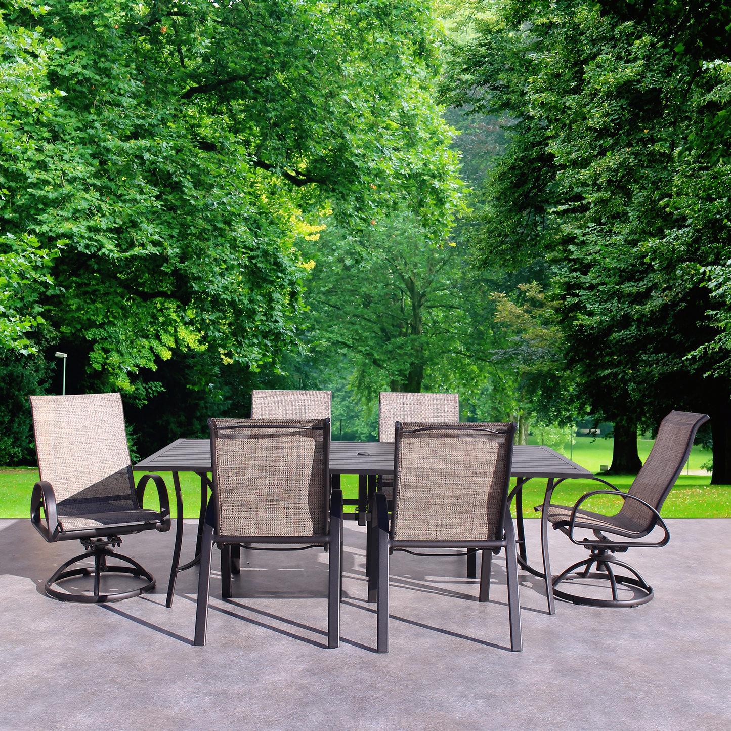 POOLSIDE JAVA FRAME WITH MIXED BROWN SLING DINING SET